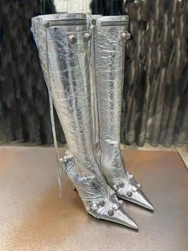 Metallic Silver Motorcycle Boots